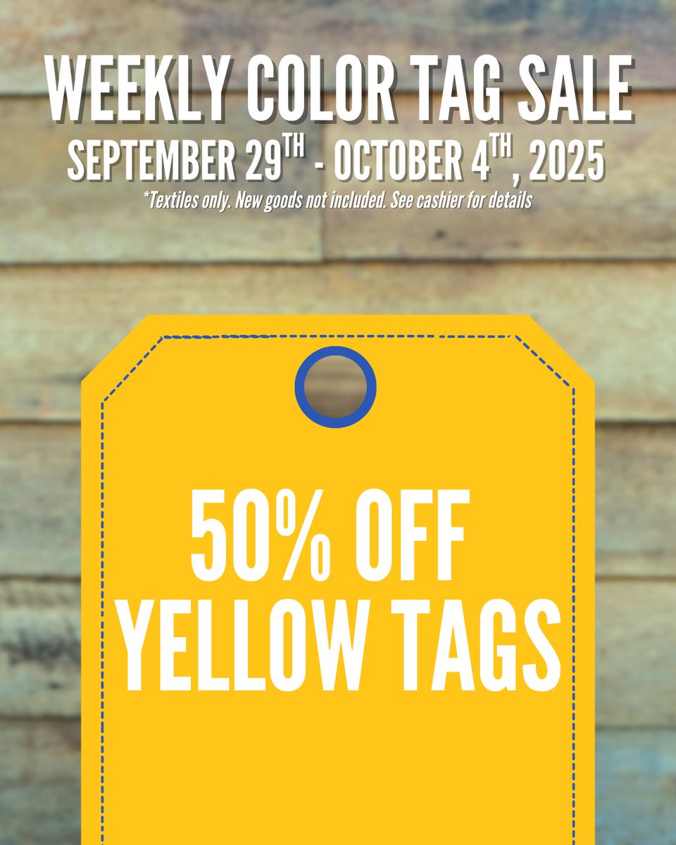 GoodwillNCT's tweet image. Brighten your week with savings! 💛 Get 50% off all yellow-tagged items at Goodwill North Central Texas. Find your store → goodwillnorthcentraltexas.org/find-a-store #thrift #GoodDeals #discounts
