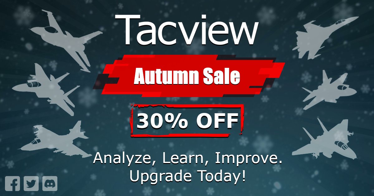 TacviewACMI's tweet image. Tacview's Autumn Sale starts today!
Get 30% off Tacview Standard and Tacview Advanced from September 29th to October 6th. tacview.net/purchase/
To upgrade from Tacview Standard to Tacview Advanced, email us at support@tacview.net
Happy flying!