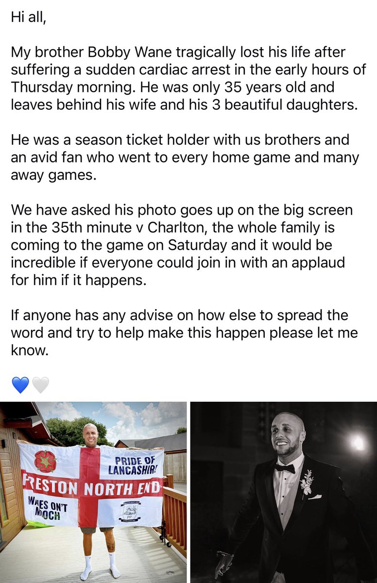 For all fans attending the Charlton game at the weekend, please see below 😢 please help to spread the word about a tribute on 35 mins 🙏🏻#pnefc #cafc <a href="/pnefc/">Preston North End FC</a>