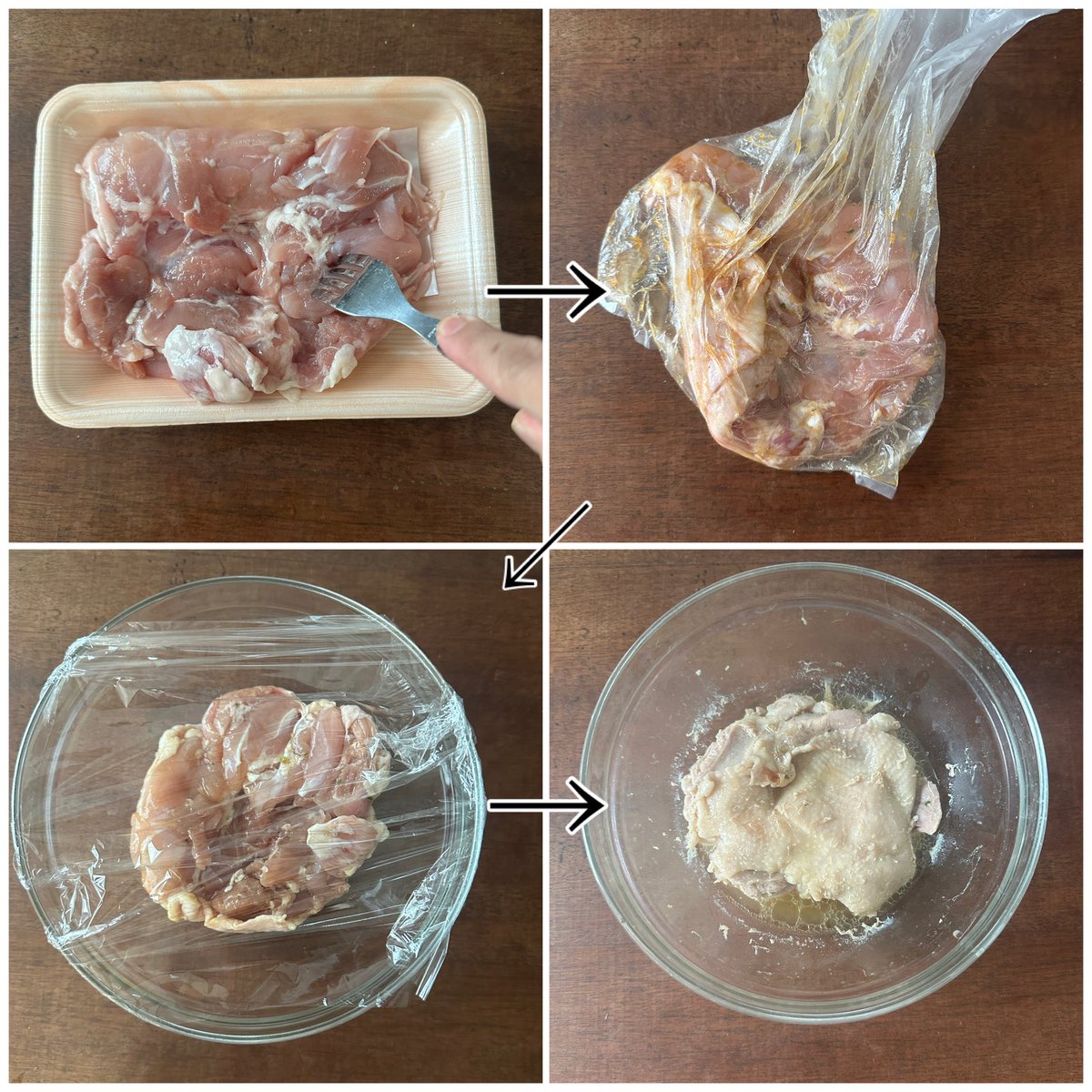 これ最小限の手間で最高ランクの味を叩き出せる…

①鶏モモ1枚(300g)にフォークで穴を開けヒガシマルうどんスープ1袋、水大5を袋でもみこみ15分以上おく

②耐熱ボウルに皮を下に入れ、ふわっとラップし6分チン。裏返し粗熱を取る

以上！

材料2つ！お箸で切れるほど柔らかく、出汁の旨みも絶妙です