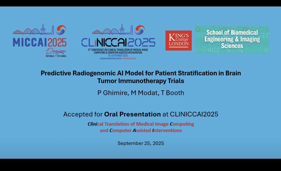 PrazNeuro's tweet photo. Honored to present our PRECISE-GBM radiogenomic AI study at #MICCAI2025 in Daejeon ����🇷.  @MICCAI_Society 
Inspiring science + a chance to explore the beautiful Korean countryside 🍃.
Grateful to my mentors &amp; collaborators @KingsImaging 🙏 

#Glioblastoma #Radiogenomics #AI https://t.co/BtT1cshWzn