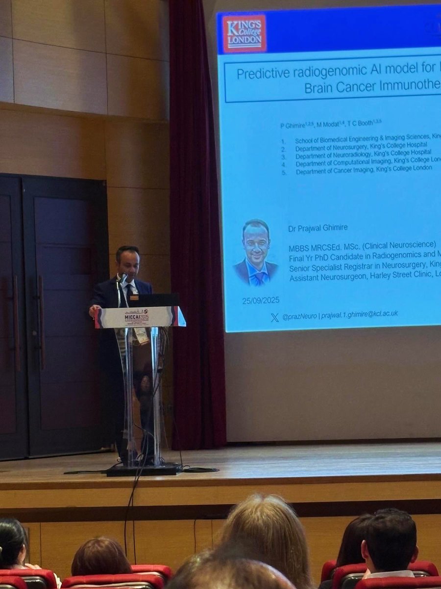 PrazNeuro's tweet photo. Honored to present our PRECISE-GBM radiogenomic AI study at #MICCAI2025 in Daejeon ����🇷.  @MICCAI_Society 
Inspiring science + a chance to explore the beautiful Korean countryside 🍃.
Grateful to my mentors &amp; collaborators @KingsImaging 🙏 

#Glioblastoma #Radiogenomics #AI https://t.co/BtT1cshWzn