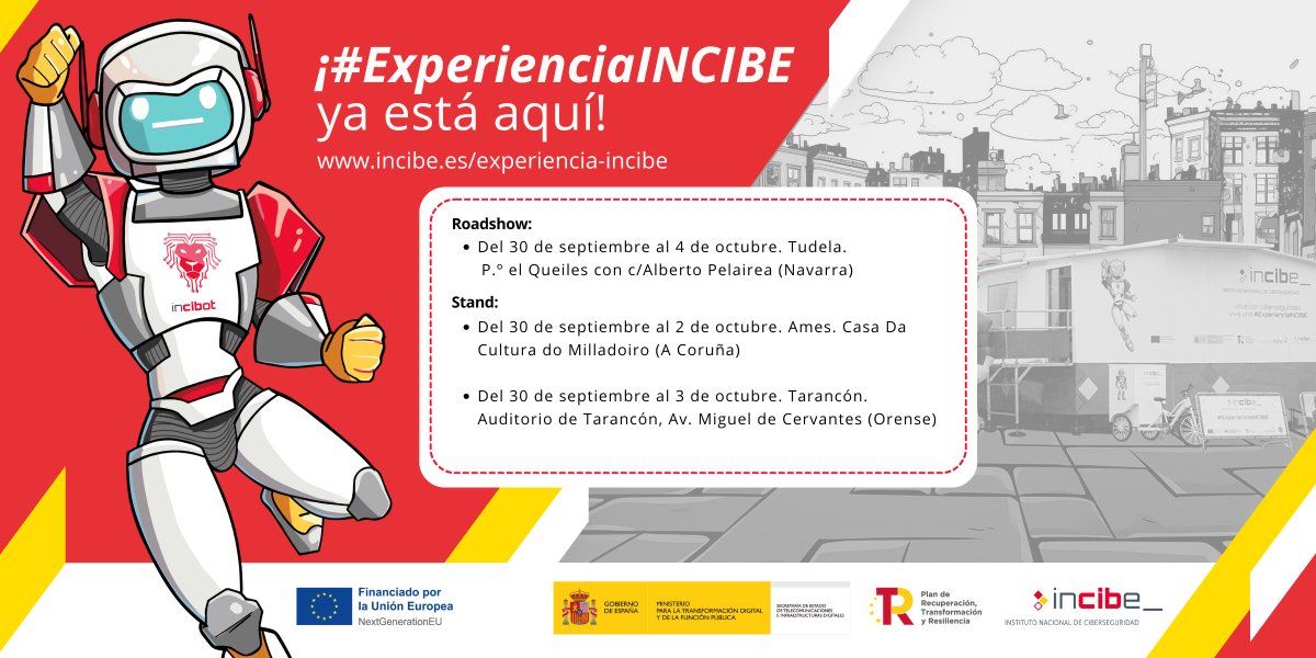 ¿Te apetecería conocer las actividades que hay en el stand 🎪 y el roadshow 🚌 de #ExperienciaINCIBE 🤖? 

🙌 Anímate y consulta las próximas localizaciones. ¡Contamos contigo!

incibe.es/experiencia-in…

#PlandeRecuperación #NextGenerationEU