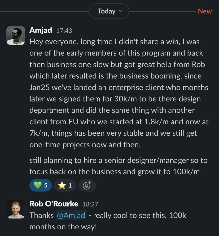 theroborourke's tweet photo. Hopefully @Amjaddsn doesn't mind me tagging him - but this shows how much you can step up your sales in one year.

From "slow" to clients who pay $30k each per month. 

He always had the skills, was just about showing it in the right way and having the system to close new deals. https://t.co/SuhSNxFS33