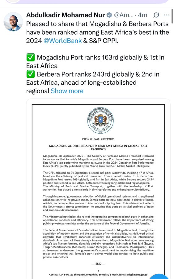 #Berbera Port's world-ranking has declined since the Waddani Party assumed control of Somaliland, according to the Container Port Performance Index (CPPI), co-published by the World Bank and S&amp;P Global Market Intelligence. 

From 4 consecutive years 2020 to 2023, #Berbera Port