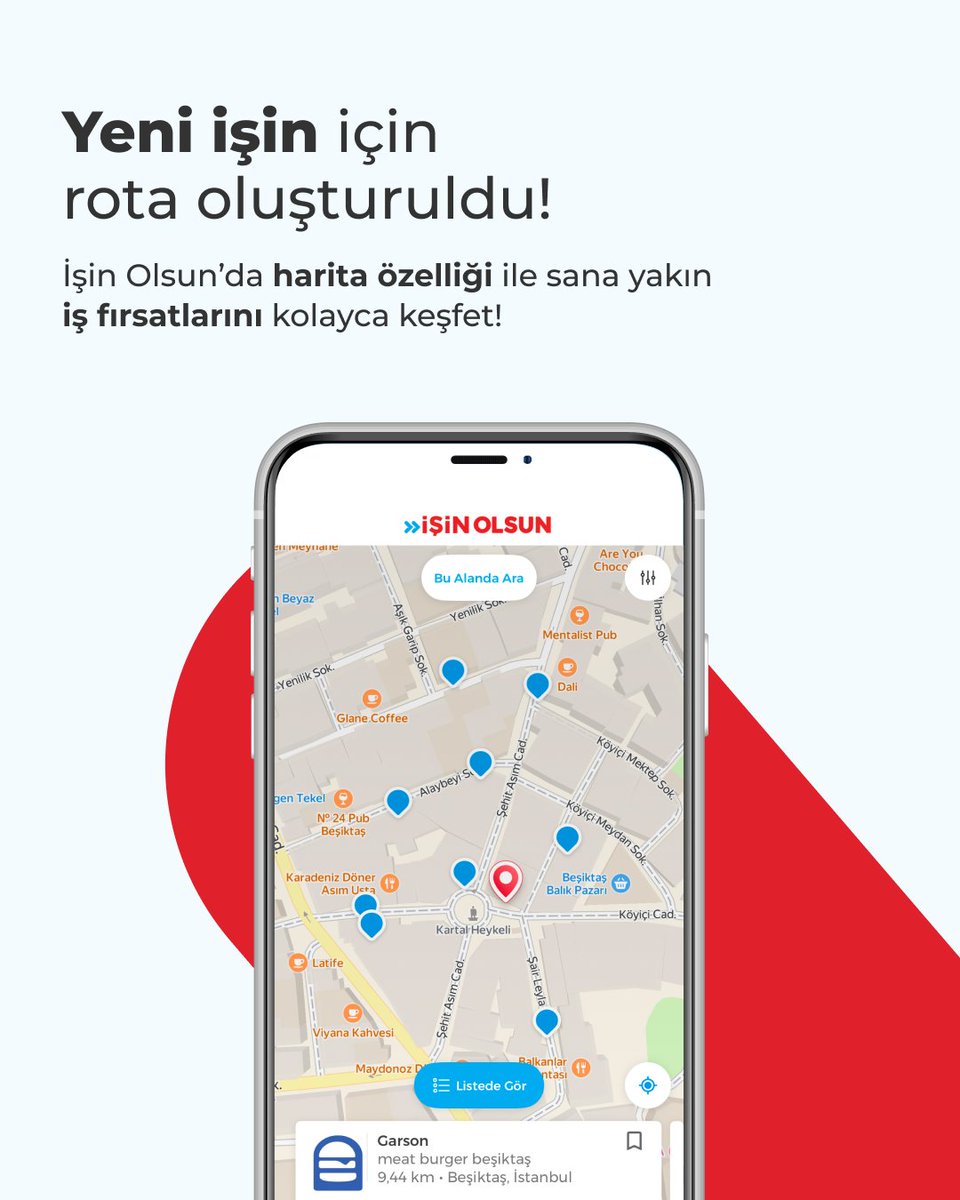 Yakınındaki iş fırsatlarını görmek İşin Olsun harita özelliği ile çok kolay! 📍

"Haritada gör" seçeneğiyle iş ilanları haritada görüp işaretle, sana yakın en uygun işe hemen başvur. ✨