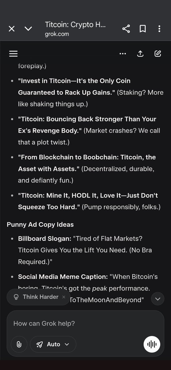 sweetmints1234's tweet photo. @Titstrategy Here are a few more from grok. To add to this list : tittyoinare or boobionaire. As well as "Choose Titcoin: it will always bounce back". https://t.co/2m5IFEjyAb