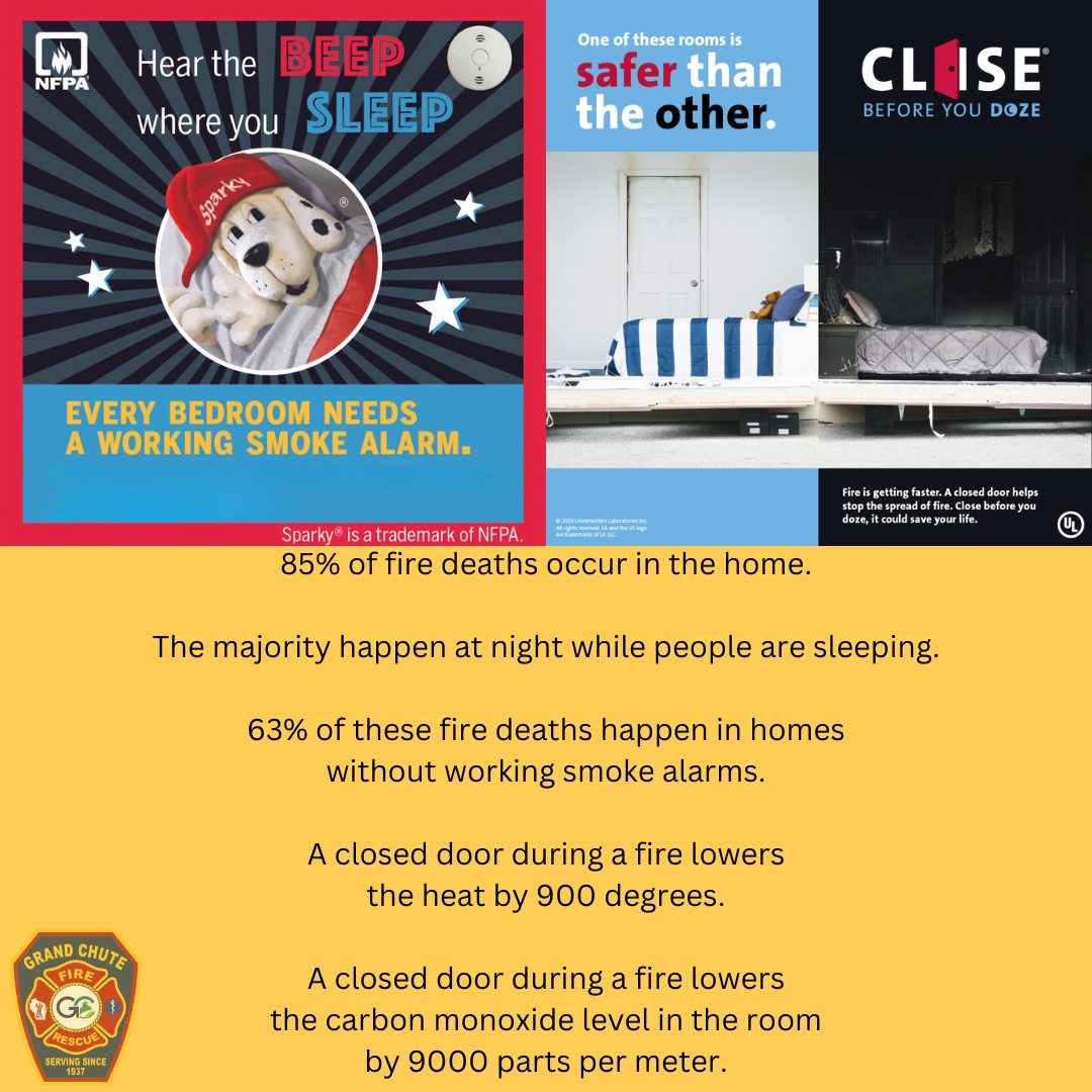 GrandChuteFire's tweet photo. Hear The Beep Where You Sleep. Every bedroom needs a working smoke alarm.
Close Before You Doze. Closing your door when you sleep will reduce the spread of fire and carbon monoxide in the event of a fire.

#HearTheBeepWhereYouSleep #CloseBeforeYouDoze https://t.co/uHEZDLkjzm