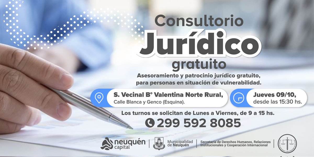 DDHH_RI_CI's tweet photo. | #ConsultorioJurídicoGratuito ⚖️

🗓 Jueves 09 de octubre.
🕞 Desde las 15.30hs.
📍 Sociedad Vecinal #BarrioValentinaNorteRural.

📲 Turnos de lunes a viernes de 09 a 15hs, llamando o vía WhatsApp al 299 592 8085.

#AccesoAJusticia
#SomosNeuquénCapital
#MunicipalidadDeNeuquén https://t.co/LYl1r4QkWZ