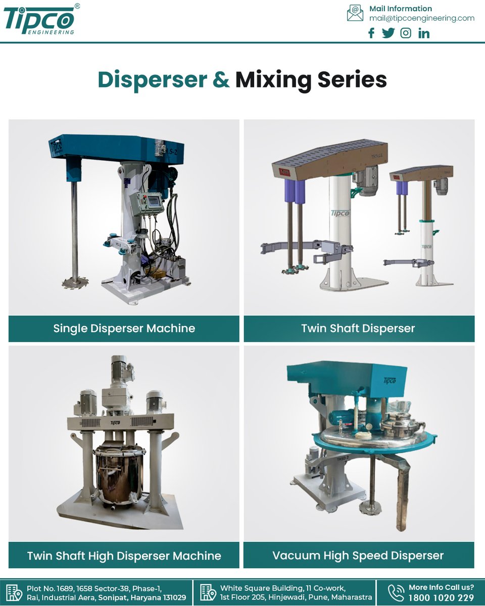 tipcoengineer's tweet image. Tipco’s #Disperser & Mixing Series is designed to deliver high-speed dispersion and uniform mixing for industries that demand #excellence. From paints to chemicals – we bring innovation to every batch.
📞 Call us at 1800 1020 229 
.
.
#manufacturingexcellence #Mixing #machine