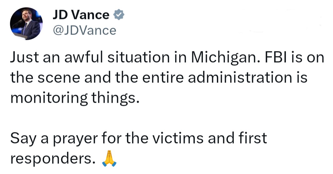 The church shooter in Michigan was a 40-year-old Marine veteran, and of course we only get thoughts and prayers from Vance.

Not so fast, JD.

Under Trump/Vance mental health help for vets has suffered:

~2,400 Veterans Crisis Line workers cut.

-50k+ VA workers have been cut.
