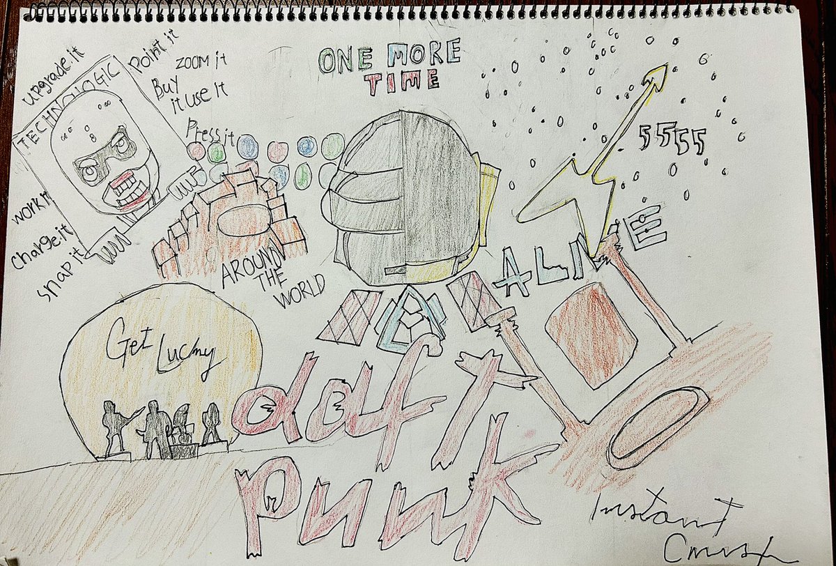 chibby_m's tweet photo. So, we live in Japan and my son drew this after playing the Fortnite event. Now he is a huge fan of the “Daft Punk” and hopes they will come back in the future. 

#DaftPunk #Fortnite https://t.co/oR8C4wRQiO