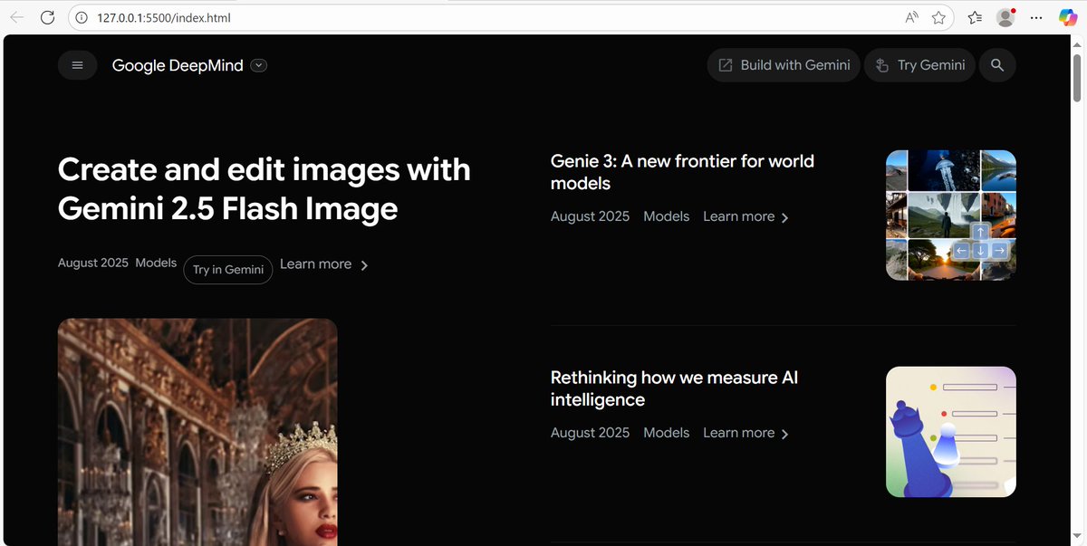 Asiat_Abideen's tweet photo. Recreated the DeepMind homepage using only HTML & CSS
Screenshots from my practice project
#HTML #CSS #Frontend #DesignersWhoCode
(Practice project — not affiliated with DeepMind) https://t.co/poIA5VxQl9