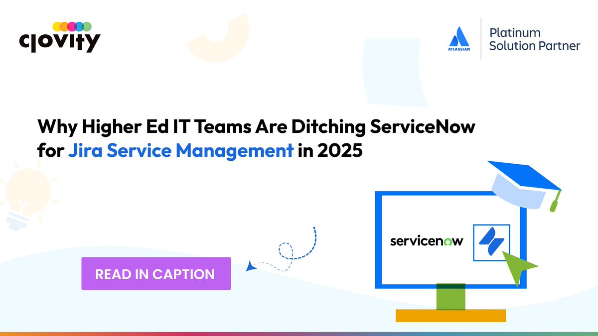 🎓 Why are more Higher Ed IT teams making the switch from ServiceNow to Jira Service Management in 2025? 
📖 Read the full blog: clovity.com/blog/why-highe…   

Because they’re done with bloated costs, clunky experiences and slow change. 

🚀 With Jira Service Management,