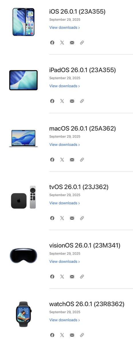 zollotech's tweet image. Along with iOS 26.0.1, Apple also released

iPadOS 26.0.1
macOS 26.0.1
tvOS 26.0.1
HomePod OS 26.0.1
visionOS 26.0.1
watchOS 26.0.1