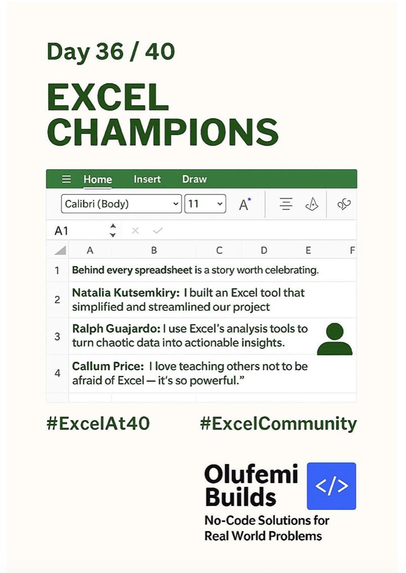 olamfe's tweet image. Day 33–36: Global Impact
💚 From MVPs to educators, creators to analysts .
Excel is more than a tool. It’s a global movement.
Thank you, Excel community 🙌
#ExcelAt40 #ExcelWorldwide #ExcelCommunity #OlufemiBuilds