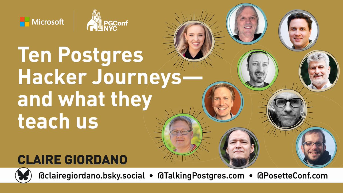 clairegiordano's tweet image. Hey #PostgreSQL ppl here at @pgconfnyc #PGConfNYC, if you're here come say hello—I'll be in hallways, sessions, or the Microsoft booth
Also: I'm giving a talk today at 4pm EDT about "Ten Postgres Hacker Journeys—and what they teach us", hope you join me
postgresql.us/events/pgconfu…