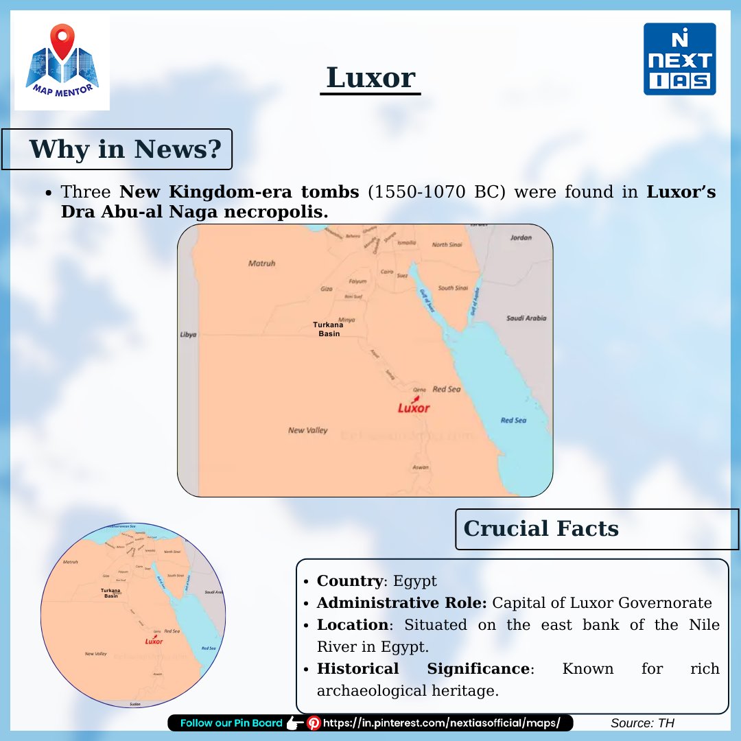 NEXTIAS_Delhi's tweet photo. MAP MENTOR 🗺 by NEXT IAS: The guide to “Mapping Key Locations” in the News!
Stay informed and enhance your geographical knowledge with MAP MENTOR.
Follow us on Pinterest: https://t.co/CtGynppVS6
#nextias #mapmentor #whyinnews #upscexam #mapping #keylocations #luxor #Egypt #karnaktemple #luxortemple