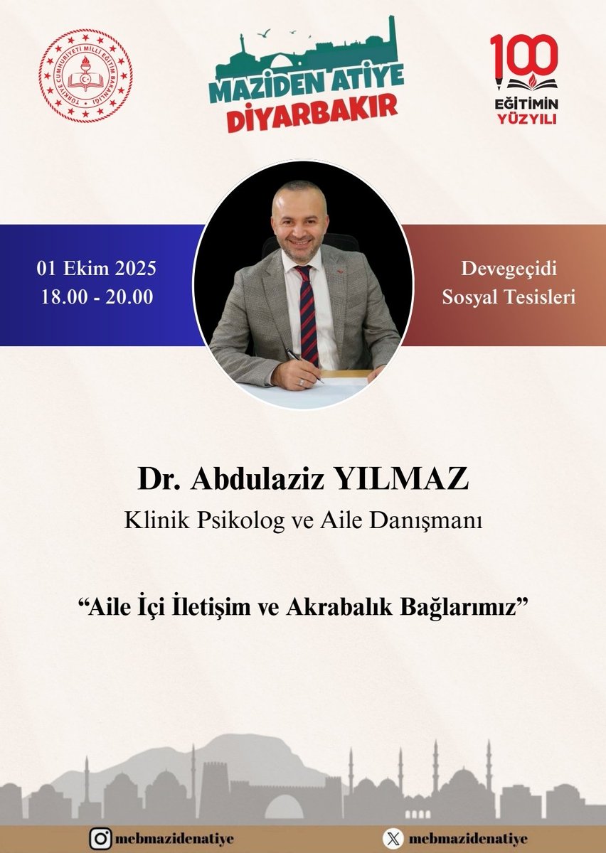 Milli Eğitim Bakanlığı'nın çok beğendiğim projesi 'Maziden Atiye' kapsamında çarşamba günü şehirlerin güzellerinden olan Diyarbekirde gençlerle buluşacağız. 
<a href="/psikohekim/">Dr. Abdulaziz Yılmaz</a> 

#meb #mebmazidenatiye 
<a href="/mebmazidenatiye/">MEB Maziden Atiye</a>