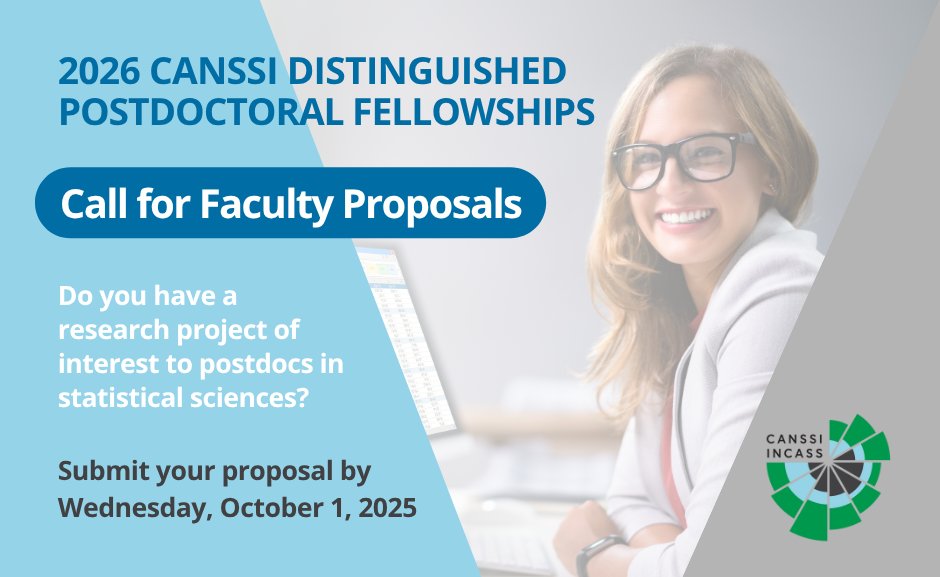 📣 LAST CALL for faculty proposals!

We're looking for projects that offer a comprehensive #research &amp; #training experience to #postdocs in #statisticalsciences. Submit your proposal by OCTOBER 1: 

loom.ly/GvcQVII <a href="/CANSSIOntario/">CANSSI Ontario</a> <a href="/SSC_stat/">Stat Society / Société Stat du Canada</a> <a href="/FieldsInstitute/">The Fields Institute</a>
