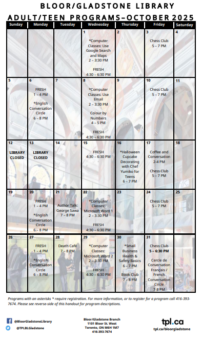 TPLBLGladstone's tweet photo. 🎃 Fall into fun at Bloor/Gladstone Branch! 🦃 Our October program calendars are here—wicked Halloween &amp; Thanksgiving events for all ages! 🍂👻 Swing by &amp; check it out! 📚✨

#OctoberPrograms #HalloweenFun #CanadianThanksgiving #LibraryLife #BloorGladstone https://t.co/XqmmwvMZXc