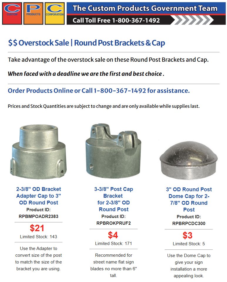 cpcsigns's tweet photo. Overstock Sale for Round Post Brackets and Cap. Call 1-800-367-1492. #signbrackets https://t.co/MrEA2d5qDL
