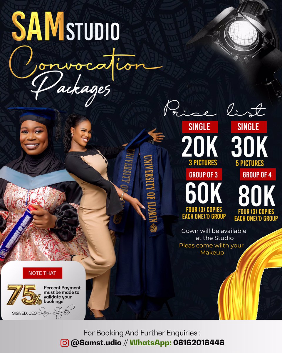 Sam_studio1's tweet photo. 🎓✨ It’s your big day, let’s make it unforgettable!

Capture your convocation moments in style with Sam Studio 📸💛

✔️ Affordable packages
✔️ Stunning shots
✔️ Memories that last forever

Book your session today

📍 Sam Studio
📲 WhatsApp: 08162018448

#Convocation #Graduation https://t.co/hFoADNkOP9