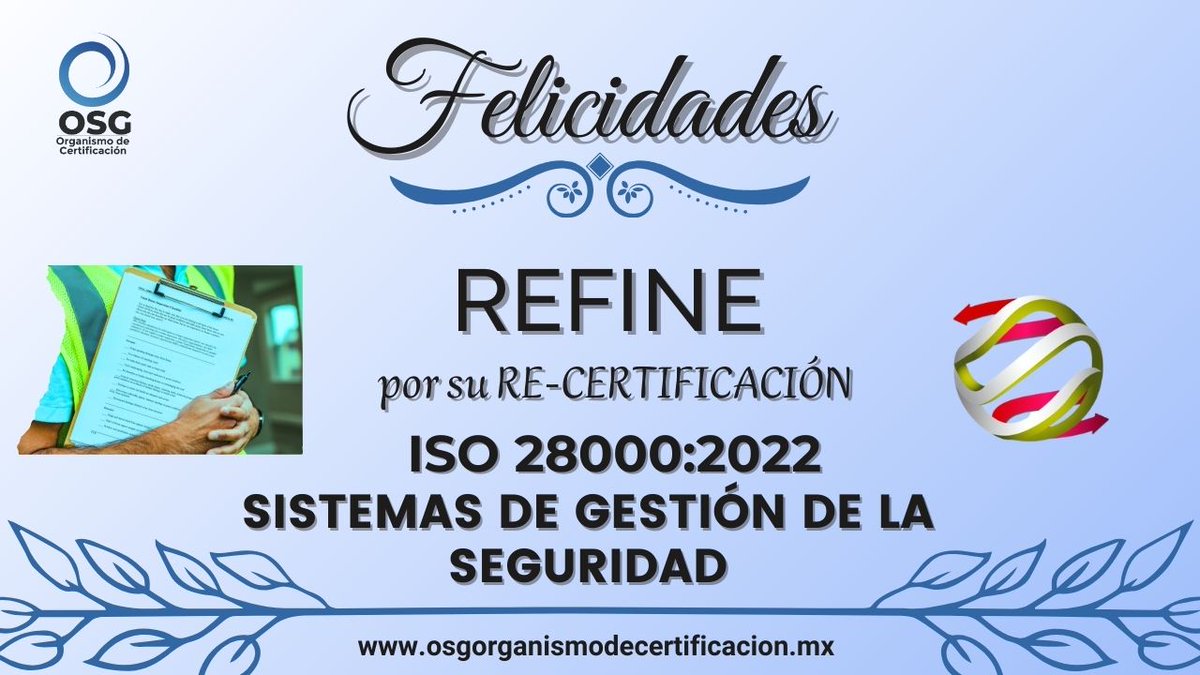 osgorganismo's tweet photo. @osgcertificacion felicitamos a #Refine Recintos Fiscalizados del Noreste por su re-certificarse en la norma #ISO28000 en #SG de la #Seguridad
Los logros se cosechan con el esfuerzo constante y perseverancia.
https://t.co/VPbbomj8fJ
#OSG #OSGCertificación #NormasISO https://t.co/3rR8imaOc8