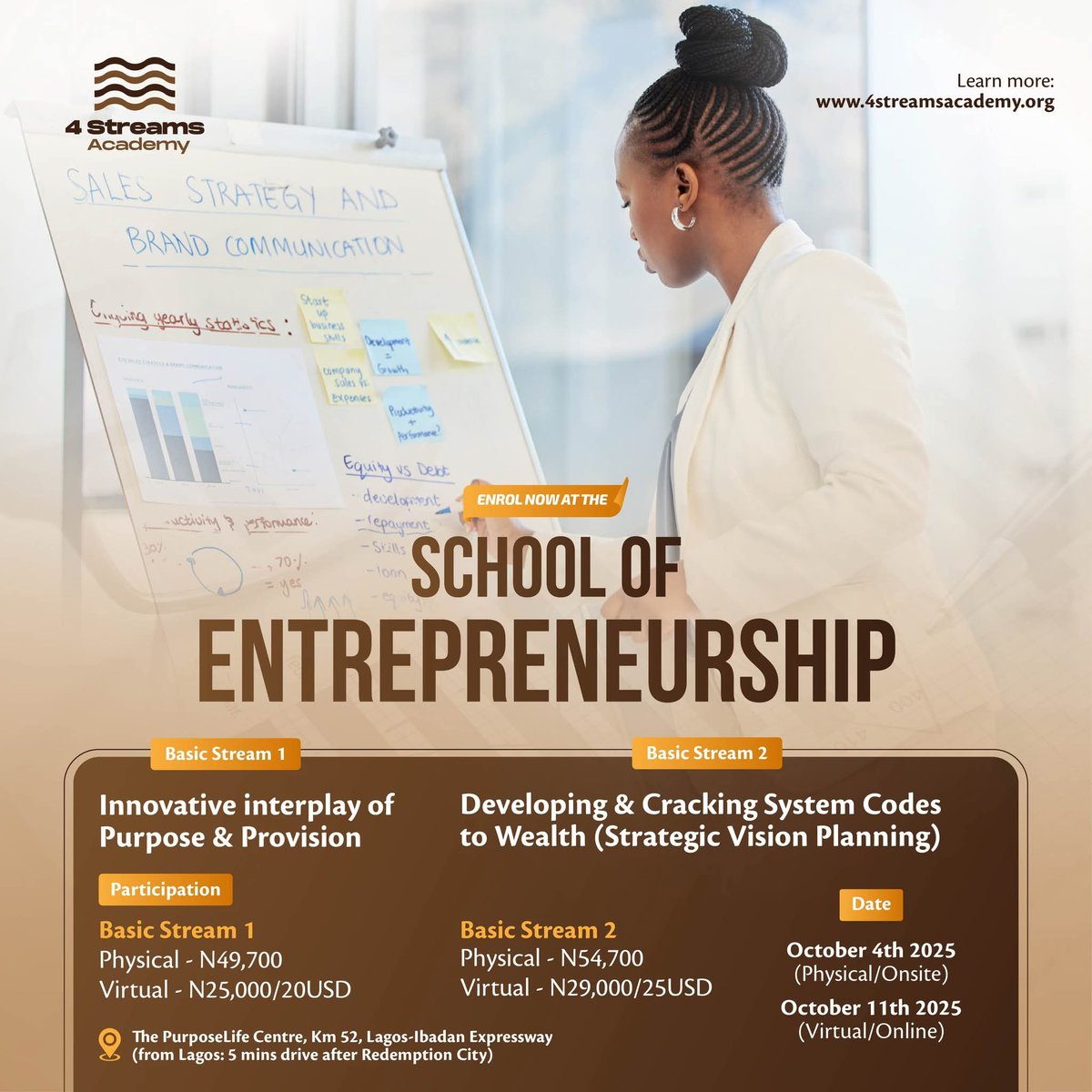 4StreamsAcademy's tweet photo. 🗓️5 DAYS TO GO!
This Oct 4, #4StreamsAcademy isn’t just another event — it’s where clarity, direction &amp; purpose align. 
Register NOW → https://t.co/VJ9UmC7ngt
Venue: The Purpose Life Centre, Km 52 Lagos-Ibadan Expressway (5 mins after Redemption Camp). https://t.co/qoHS5YGjBn