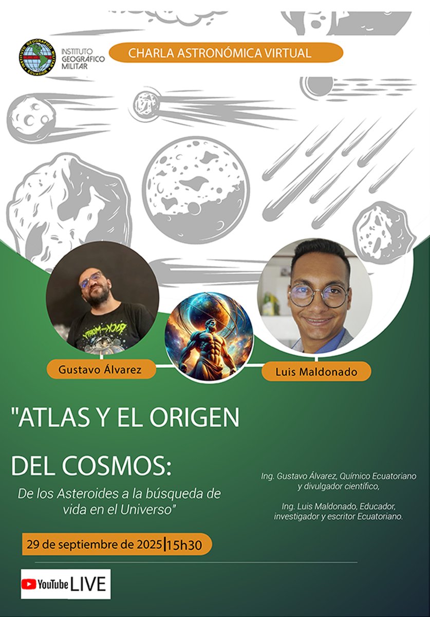 ✳️𝐂𝐇𝐀𝐑𝐋𝐀 𝐀𝐒𝐓𝐑𝐎𝐍𝐎́𝐌𝐈𝐂𝐀 𝐕𝐈𝐑𝐓𝐔𝐀𝐋: ATLAS Y EL ORIGEN DEL COSMOS
 ¡ Acompáñanos !
Transmisión en vivo por YouTube Live del IGM  youtube.com/channel/UCN-Zx…
 ¡No te lo pierdas!