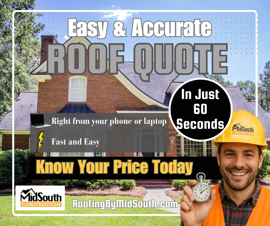 RoofingMidSouth's tweet image. ⏱️ Get your roof quote in 60 seconds!
👉 RoofingByMidSouth.com
#RoofQuote #QuickQuote #RoofingMadeEasy #RoofRepair #NewRoof