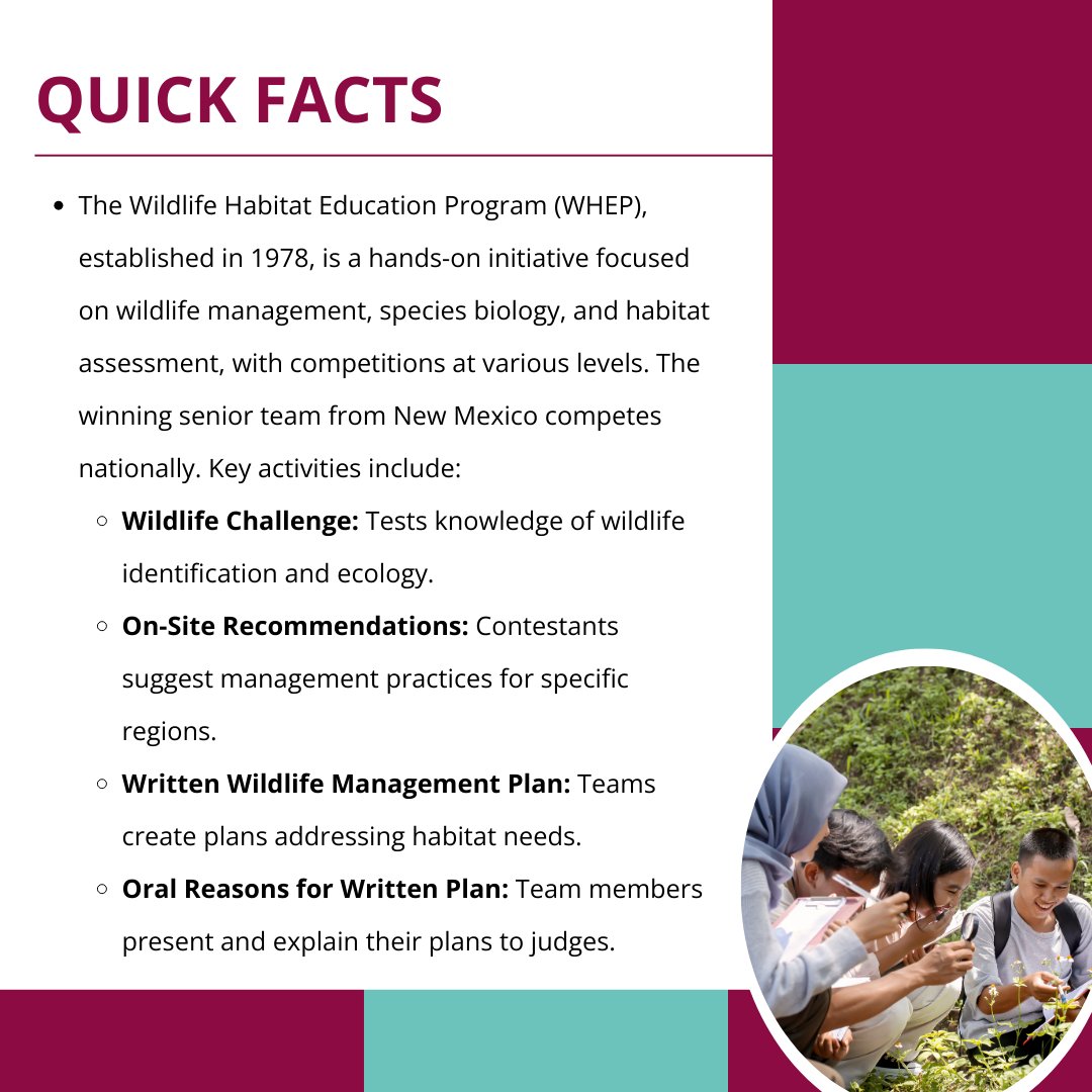 NMExtensionPubs's tweet image. Explore New Mexico&apos;s Wildlife Habitat Education Program (WHEP) Contest details, eligibility, activities, and preparation tips for a rewarding wildlife management experience: pubs.nmsu.edu/_l/L114/index.…
#NMSU #NMSUExtension #NewMexico #NMWHEP #4H