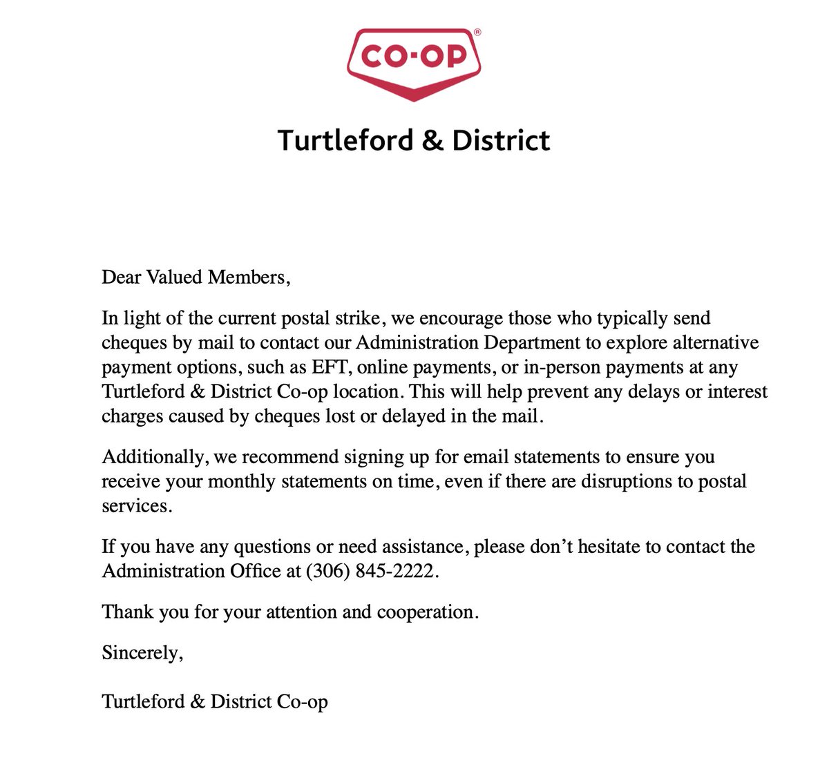 A message regarding the ongoing postal disruption.