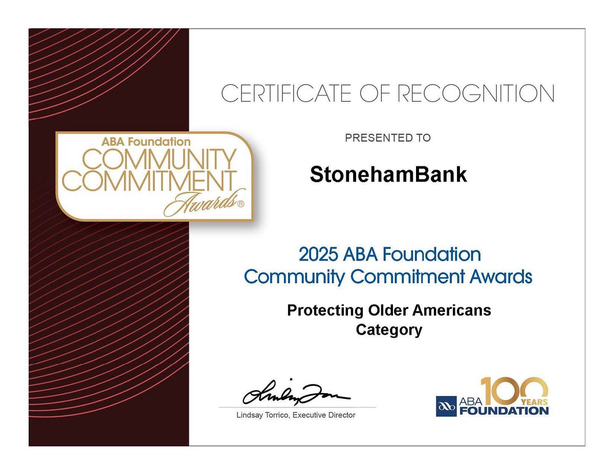 StonehamBank's tweet image. We’re proud to be recognized with a Certificate of Recognition in the 2025 ABA Foundation Community Commitment Awards — Protecting Older Americans category. 💜
Our community. Our commitment. Giving You More. 🌟
#ABAAwards #CommunityCommitment #StonehamBank
