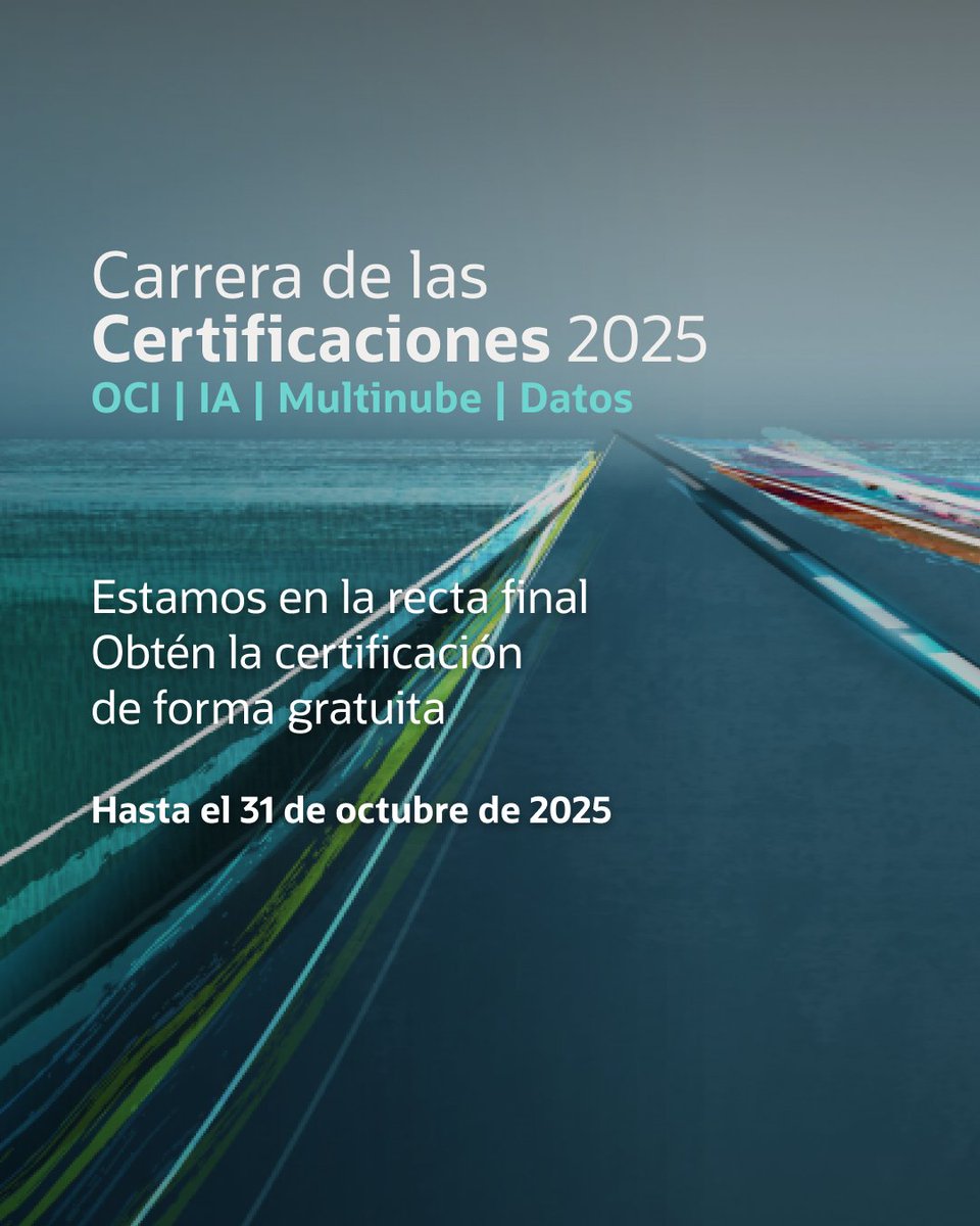 OracleLatam's tweet image. ¡Últimos días! 

🏁 Certificación gratuita en OCI, IA, Multicloud y Datos.
Plazo: 31/10/2025. Asegura tu lugar y completa el examen a tiempo: social.ora.cl/6018Ag1oO
#Oracle #Certificación #OCI #IA #Multicloud #Datos