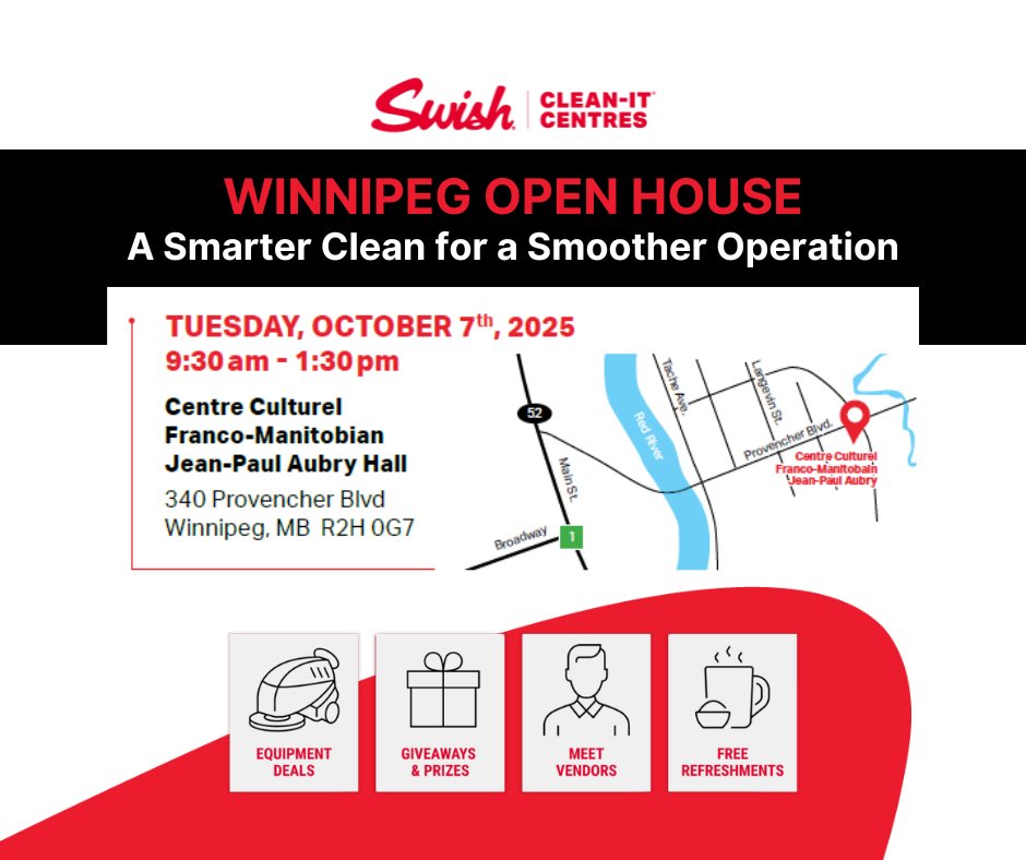 Swish_ca's tweet image. Join us for the Winnipeg Open House on Oct 7! Free food, demos, giveaways &amp;amp; more! Register: (204) 786-8994 #WinnipegOpenHouse #CleaningSolutions #Event