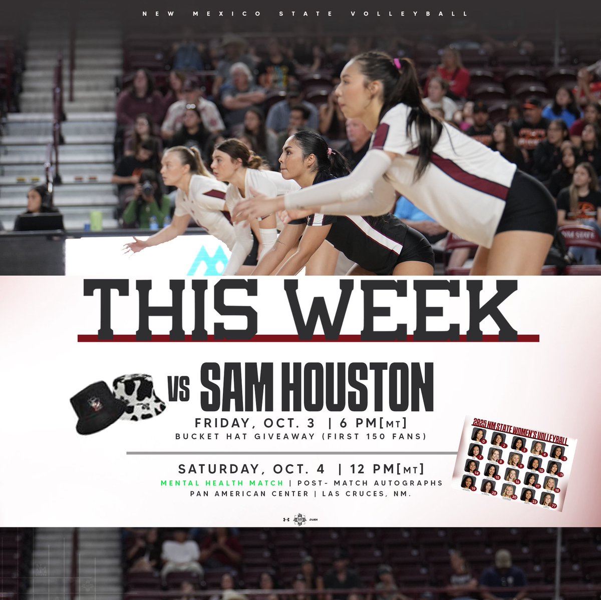 Back in the City of Crosses this week‼️

It’s a BUSY series in the Pan Am:
▪️CUSA home opener
▪️Bucket hat giveaway
▪️Mental health green-out
▪️Post-match autographs

#AggieUp