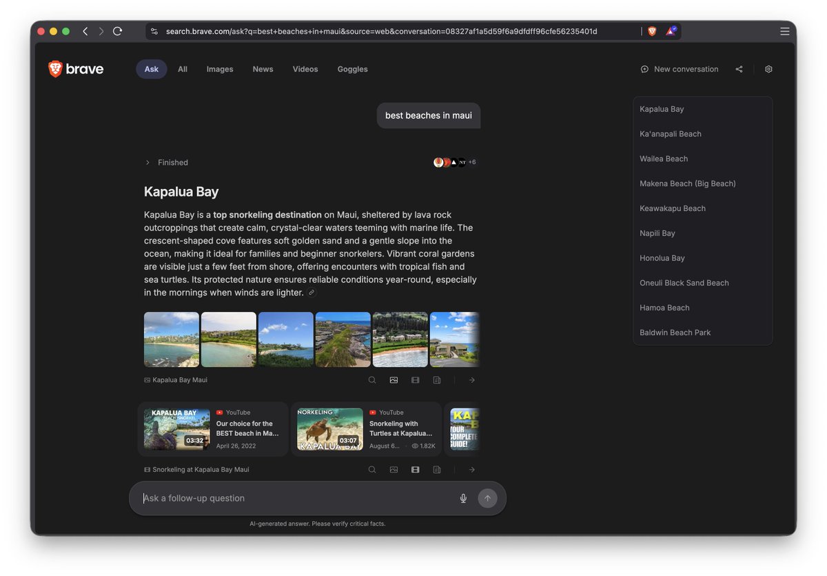 rebron's tweet image. search.brave.com/ask
Last week, I was out touching grass like the cool kids said to do and lion on the best beach in Maui. 
Give Ask Brave a spin.