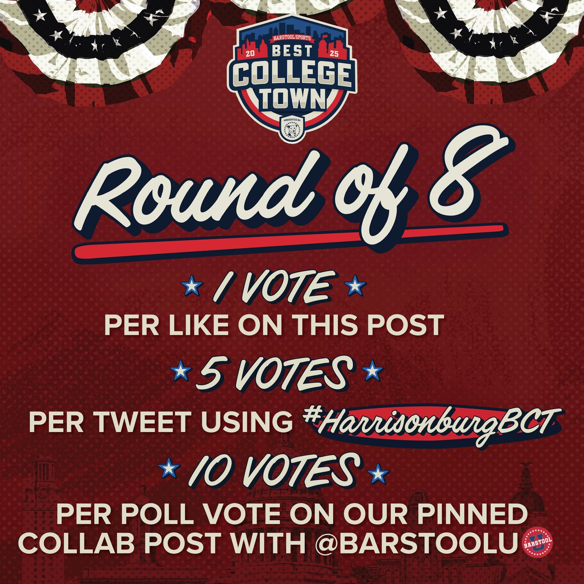 JMUBarstool's tweet image. 🔥 Round of 8 Voting is LIVE 🔥
Harrisonburg isn’t done yet 👀 

Here’s how to keep us alive:
1️⃣ 1 vote = Like this post
2️⃣ 5 votes = Tweet using #HarrisonburgBCT
3️⃣ 10 votes = Vote in the poll on our pinned IG post with @BarstoolU
⏰ Voting ends Thursday at 11:59 EST