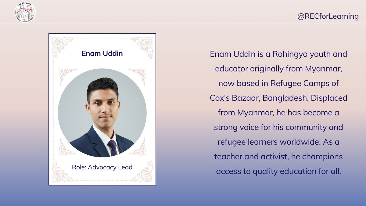 I am deeply honoured to join the <a href="/RECforLearning/">Refugee Education Council</a> as the Advocacy Lead for its 2025-2026 cohort program. A great opportunity to advocate for the refugees's education, incl. my #Rohingya community children for challenges, facing to acquire formal education.

lnkd.in/gducZ-8t