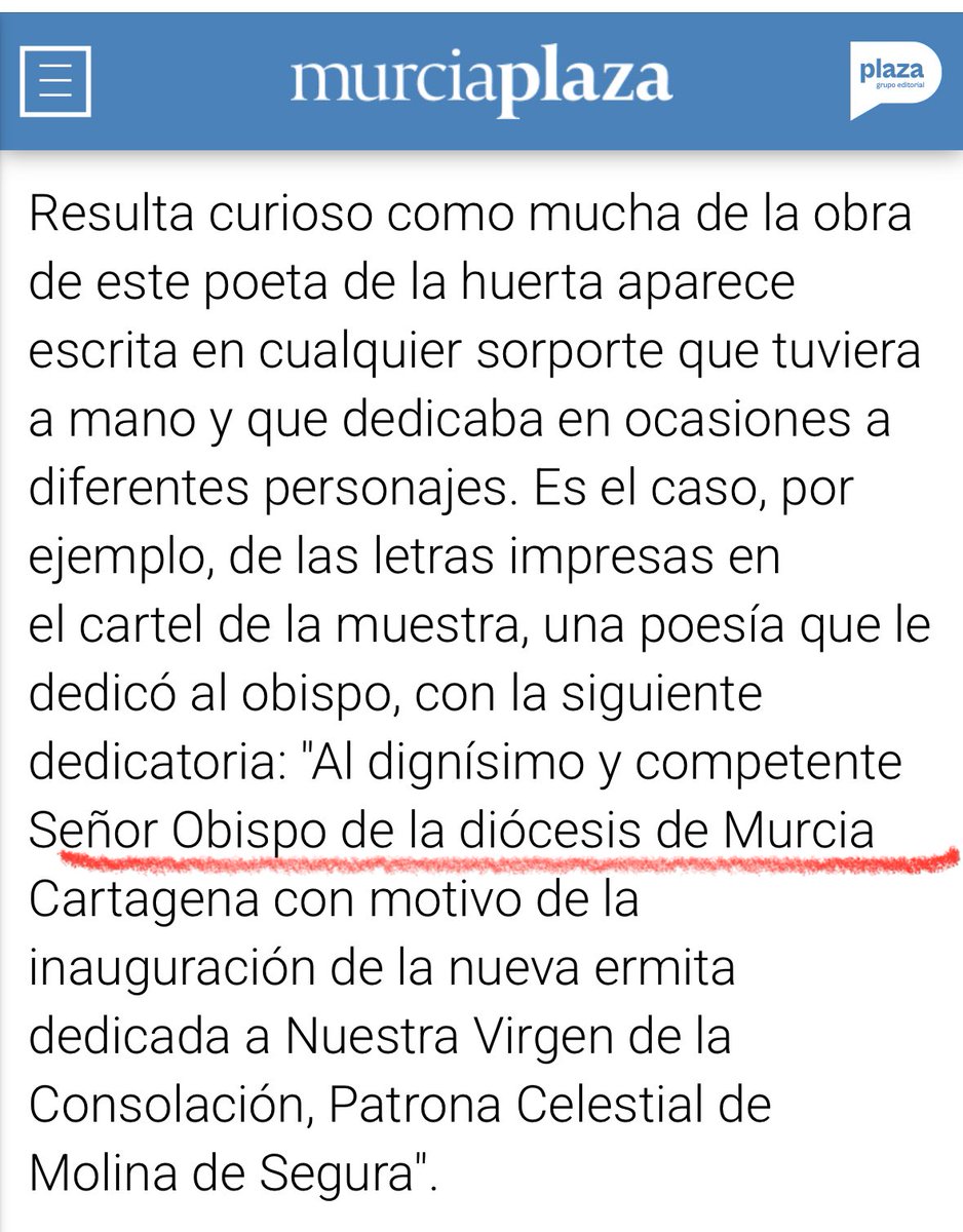 Señores de <a href="/murciaplaza_/">Murcia Plaza</a>:
Decir “Diócesis de Murcia” es un error. Su nombre es Diócesis Cartaginense desde su origen.
El Obispado es de Cartagena, único municipio de la región con obispado propio. Que esté circunstancialmente en Murcia no cambia nada: si se fueran Uds. a la