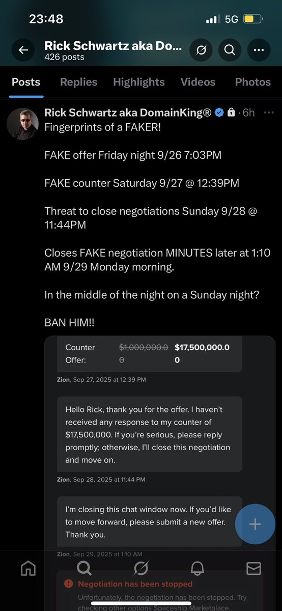 At first I wanted to comment:

- C’mon boys, anyone can register an account as Rick Schwartz, send themselves an offer, and then show it off like ‘Look who already wants to buy this name!’

But <a href="/BettyAiProject/">Rick Schwartz aka DomainKing®</a> insists there was a first fake offer from his account, since you can’t
