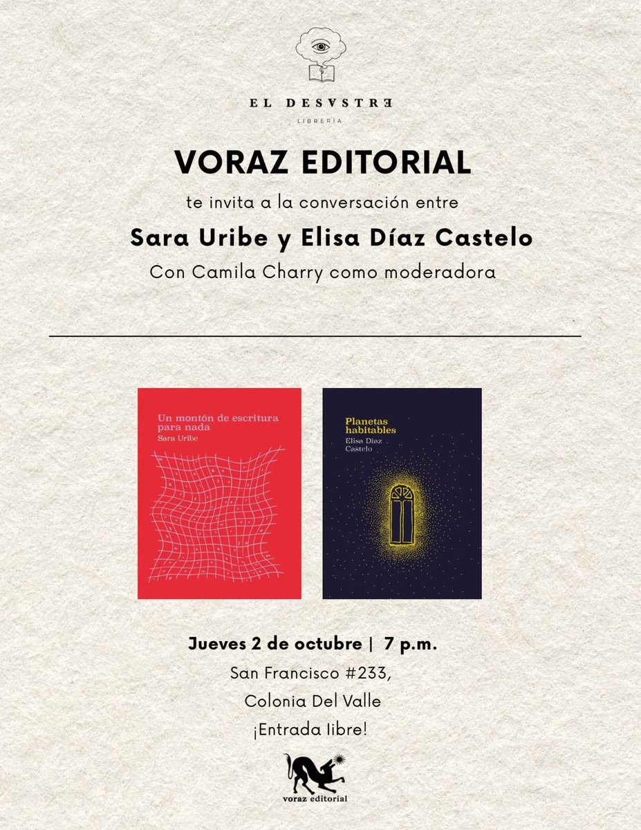 ¡Me emociona mucho leer y platicar con <a href="/RaraUribe/">Sara Uribe</a> este jueves en <a href="/DesastreLibros/">Librería El Desastre</a>!