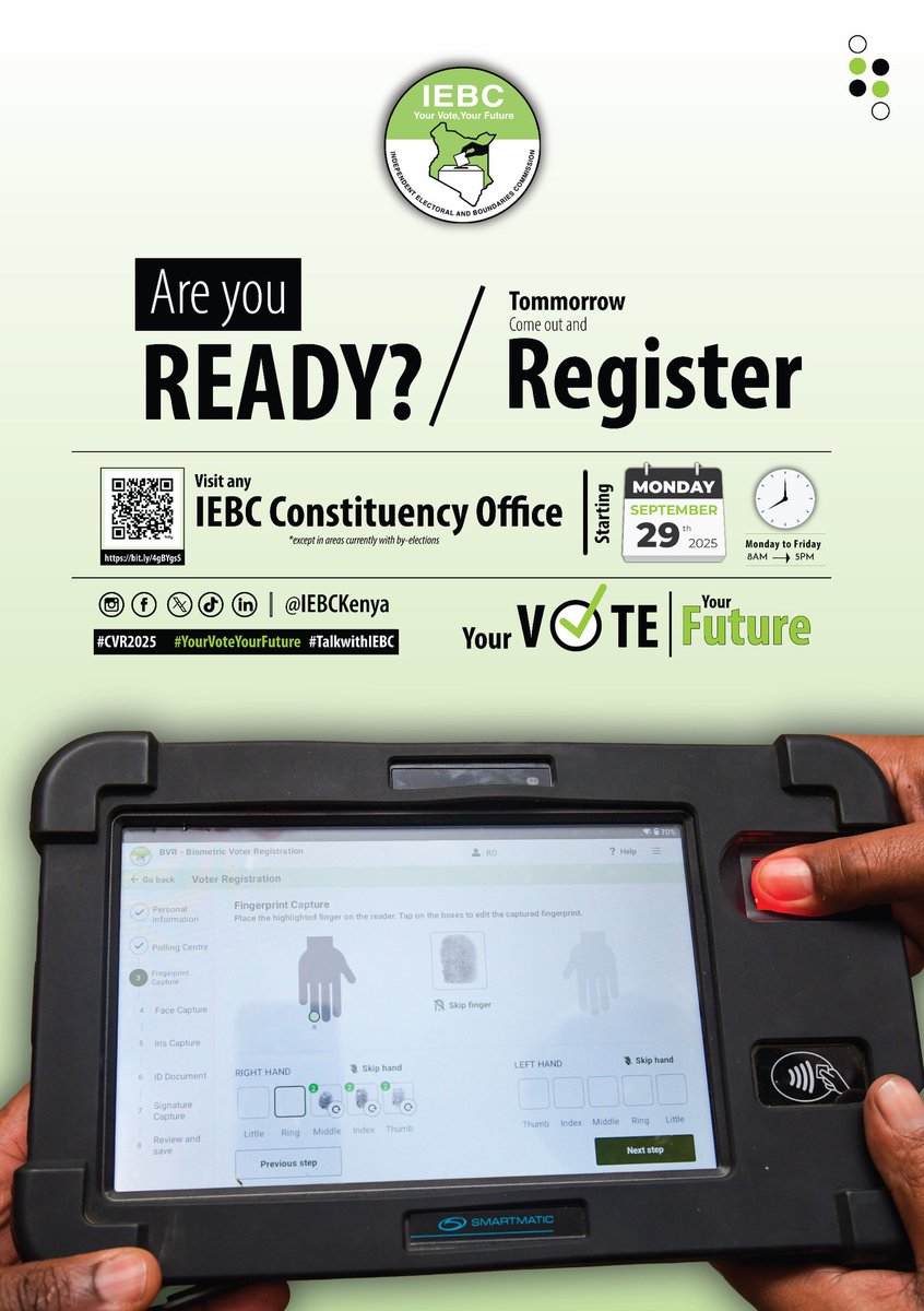 The continuous voter registration exercise has resumed starting this Monday, 29th September 2025. 
Do not be left behind!!! Visit any <a href="/IEBC/">IEBC</a> constituency office near you to register as a voter.

Verification of voter details can be done through: verify.iebc.or.ke