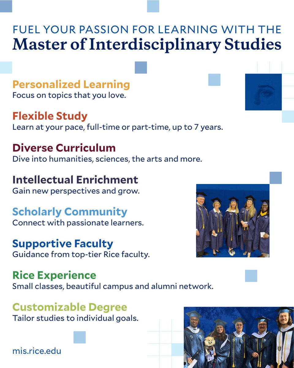 ContinueRice's tweet image. Your journey of learning doesn’t have to end. 🎓 Discover the Master of Interdisciplinary Studies program at Rice, built for lifelong learners who never stop growing. Start here: hubs.la/Q03LmycZ0 #lifelonglearner #gradschool #riceuniversity