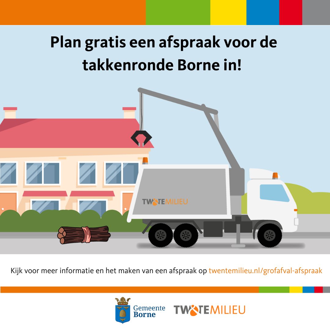 Woon je in Borne? Dan halen we van 13 t/m 24 oktober gratis je takken en snoeihout op.

🌐 Plan vóór 10 oktober je afspraak via de website (tip: houd je milieupas bij de hand).
📞 Lukt online niet? Bel dan naar 0900 - 85 20 111 (werkdagen 8.00–17.00 uur). We helpen je graag!