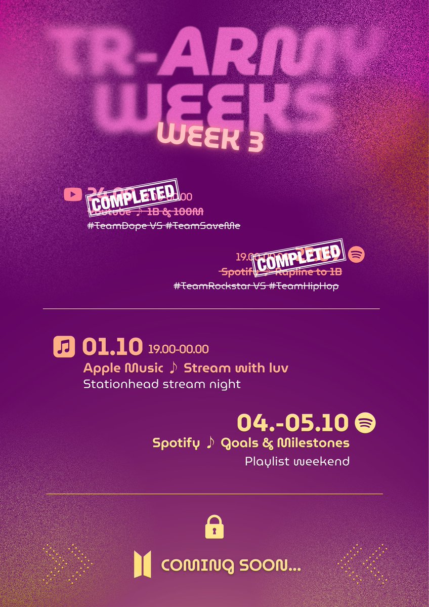 TR-ARMY WEEKS ✨ 3. hafta başladı! 

Çarşamba akşamı Apple Music Stationhead yayınının ardından hedeflerimiz için çeşitli Spotify playlistleriyle dolu bir hafta sonu geliyor! Herkesi bu hafta da etkinliklerimize bekliyoruz! 💗

#TRARMYWEEKS