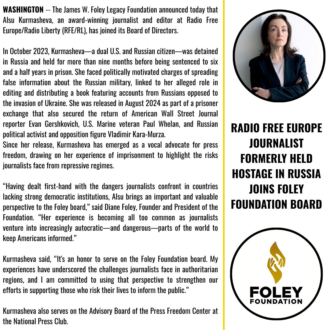 JamesFoleyFund's tweet photo. The #FoleyFoundation announced today that @AlsuKurmasheva, an award-winning journalist and editor at Radio Free Europe/Radio Liberty (RFE/RL), has joined its Board of Directors. Welcome, Alsu! https://t.co/nu2SKTafIR