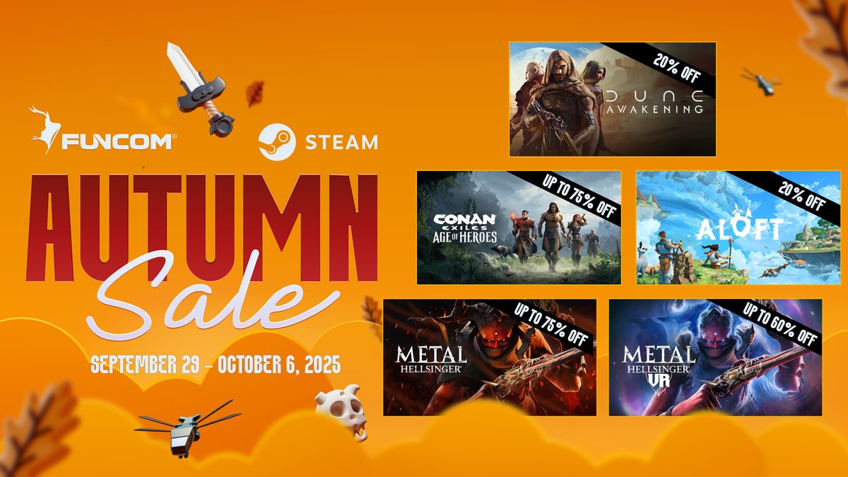 Funcom's tweet image. Fall is here and so is the Steam Autumn Sale! 🍂

Grab some Funcom classics, including #DuneAwakening, at massive discounts!



We have a game for everyone: store.steampowered.com/publisher/Func…