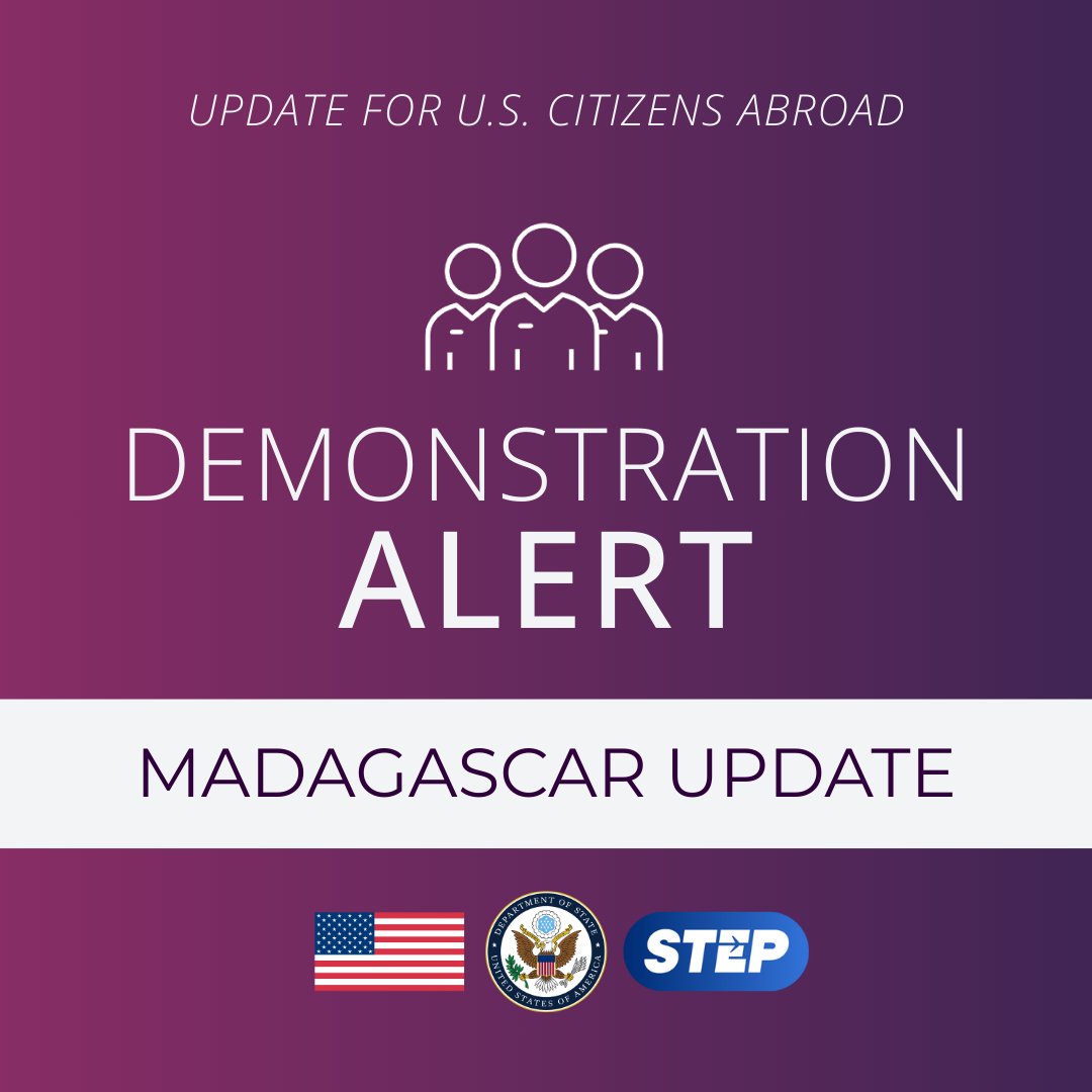 TravelGov's tweet image. Madagascar: Demonstrations continue across major cities in Madagascar. Reports of violent clashes between protesters and security forces are common. The Ivato International Airport in Antananarivo remains open, but many flights have been affected. 
Curfews have been announced,…